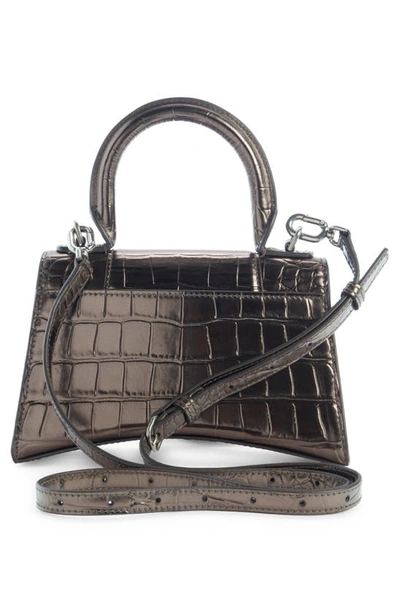 Shop Balenciaga Extra Small Hourglass Croc Embossed Metallic Leather Top Handle Bag In Dark Bronze