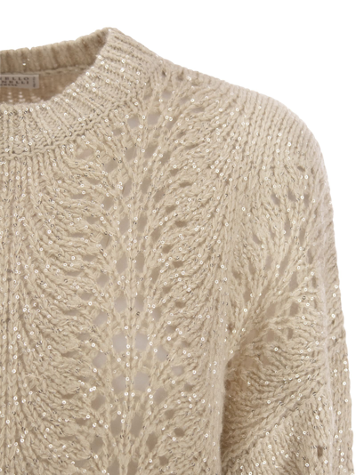 Shop Brunello Cucinelli Cashmere Lace Jumper With Sequins In Sand