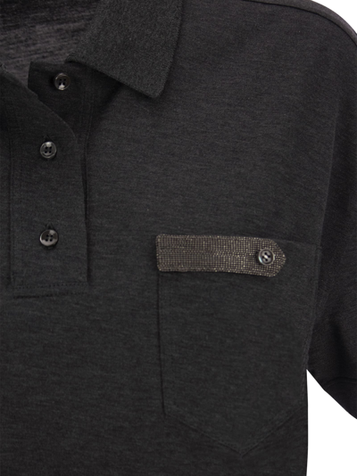 Shop Brunello Cucinelli Lightweight Cotton Jersey Polo Shirt With Precious Button Tab In Anthracite