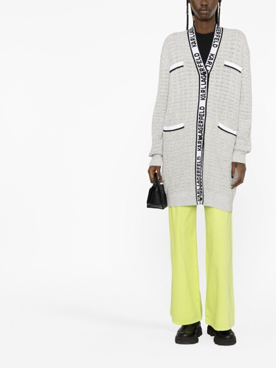 Karl Lagerfeld Boucle' Fabric Feminine Cardigan With Logoed Bands In White