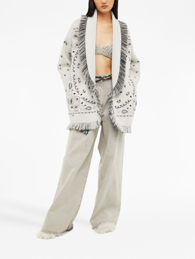 Alanui Bandana Jacquard Fringed Cashmere Cardigan In White