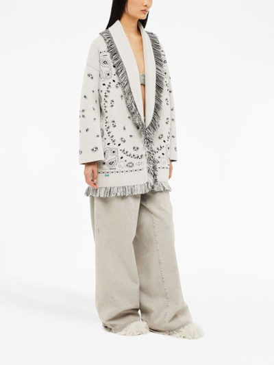 Alanui Bandana Jacquard Fringed Cashmere Cardigan In White