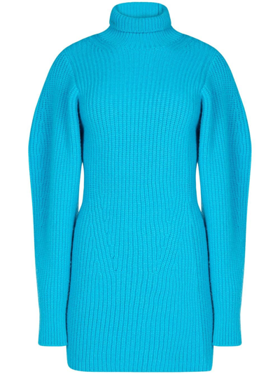 Shop Nina Ricci Ribbed-knit Long-sleeve Dress In Blue