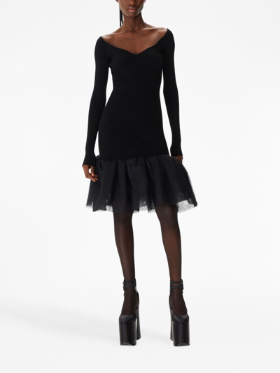 Nina Ricci Sweetheart Wool Tulle Hem Midi Dress In Black