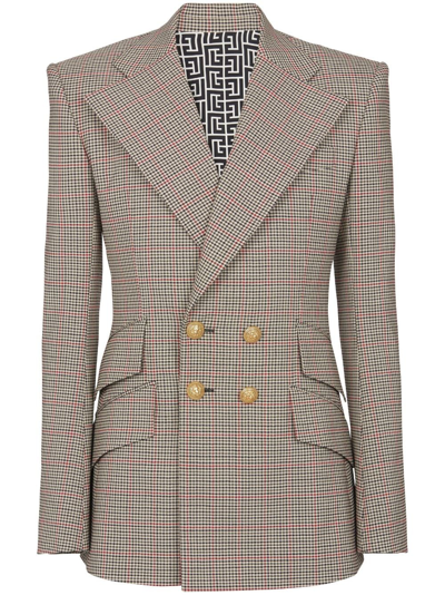 Shop Balmain Prince Of Wales Double-breasted Blazer In Brown