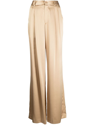 Shop Nili Lotan Pleated Silk Palazzo Trousers In Brown