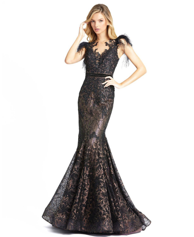 Shop Mac Duggal Women's Women's Embellished Feather Cap Sleeve Illusion Neck Trumpet Gown In Black