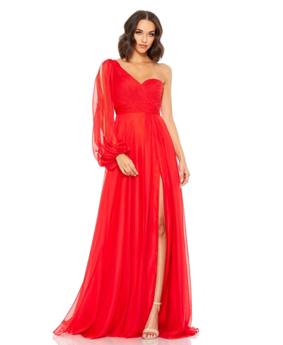 Shop Mac Duggal Women's Chiffon One Shoulder Slit Sleeve Flowy Gown In Red