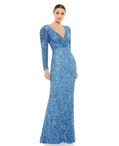 Shop Mac Duggal Women's Sequined Wrap Over Puff Long Sleeve Gown In French Blu