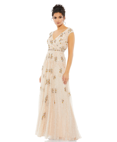 Shop Mac Duggal Women's Embellished Wrap Over Cap Sleeve A-line Gown In Blush