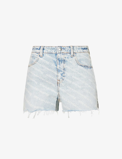 Shop Alexander Wang Women's Pebble Bleach Logo-print Raw-hem Denim Shorts