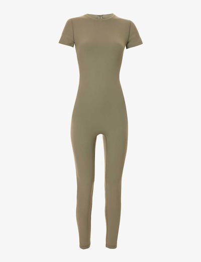 Shop Adanola Ultimate Short-sleeved Stretch-woven Unitard In Olive Green
