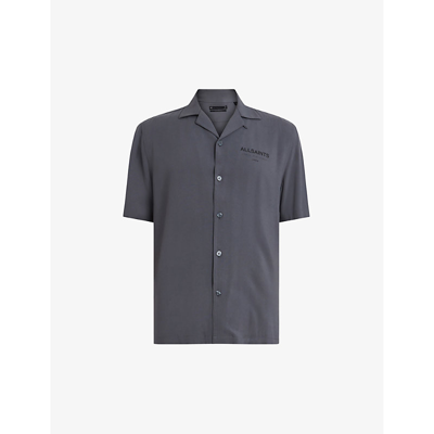 Shop Allsaints Men's Pipe Grey Underground Short-sleeved Woven Bowling Shirt