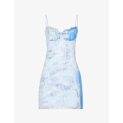 Shop Fiorucci Women's Blue Ice-print Frilled-trim Stretch-mesh Mini Dress