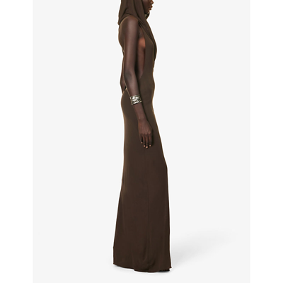 Shop Saint Laurent Women's Marron Fonce Draped-neckline Flared-hem Woven Maxi Dress