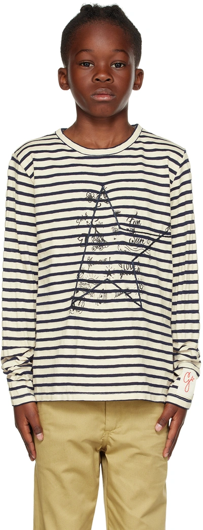 Shop Golden Goose Kids Off-white & Navy Embroidered Long Sleeve T-shirt In 81343 Ecru/ Dark Blu