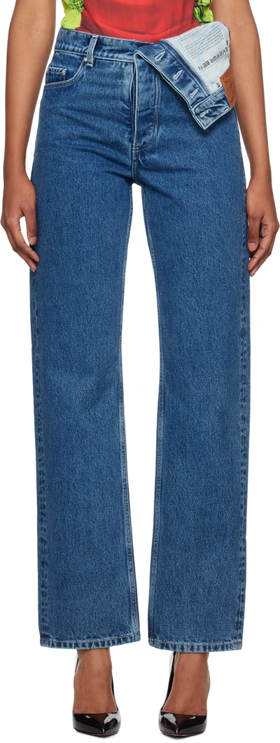 Y/project Fold-over Waist Straight Denim Jeans In Ice Blue