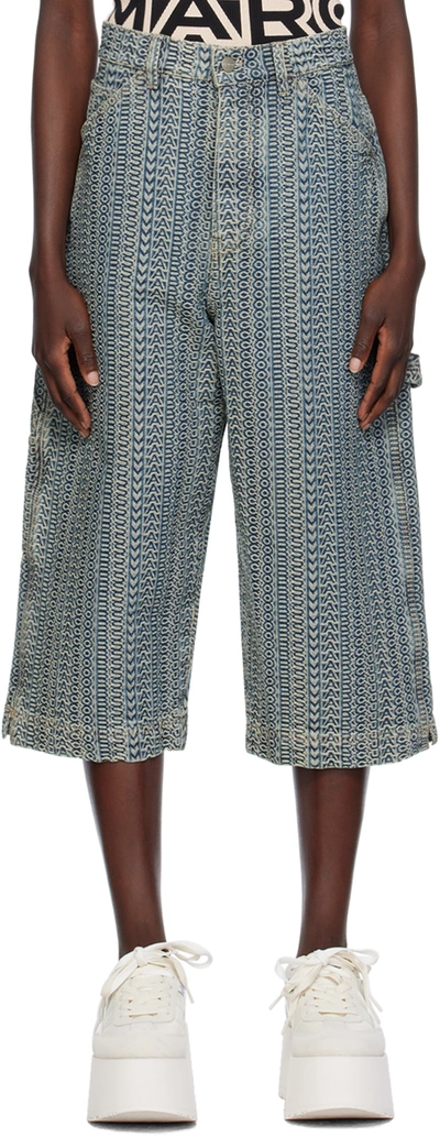 Shop Marc Jacobs Blue 'the Washed Monogram' Denim Shorts In 473 Sun Faded Denim