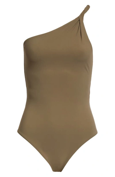 Shop Totême Twist Strap One-shoulder One-piece Swimsuit In Faded Olive