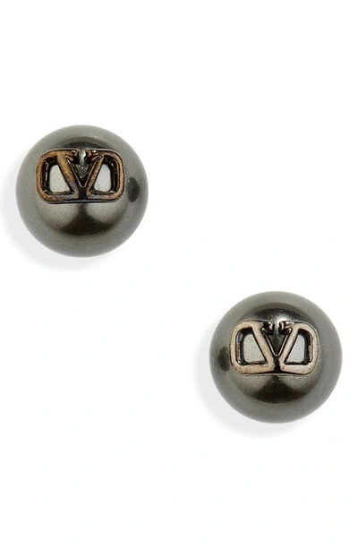 Shop Valentino Vlogo Signature Imitation Pearl Stud Earrings In Ruthenium/crystal Black