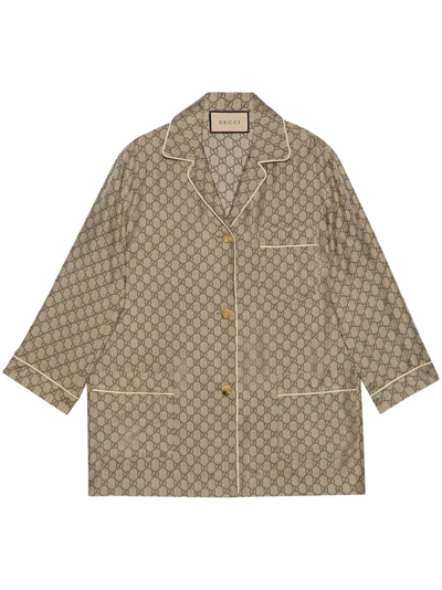Shop Gucci Double G Notched-lapels Silk Shirt In Neutrals