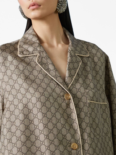 Shop Gucci Double G Notched-lapels Silk Shirt In Neutrals