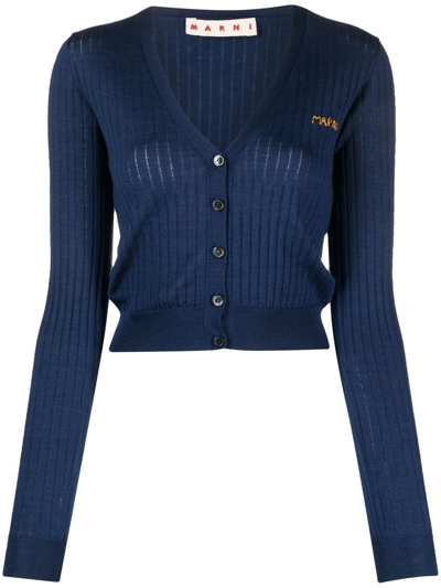 Shop Marni Embroidered Logo Cropped Cardigan In Blue