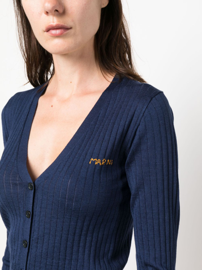 Shop Marni Embroidered Logo Cropped Cardigan In Blue