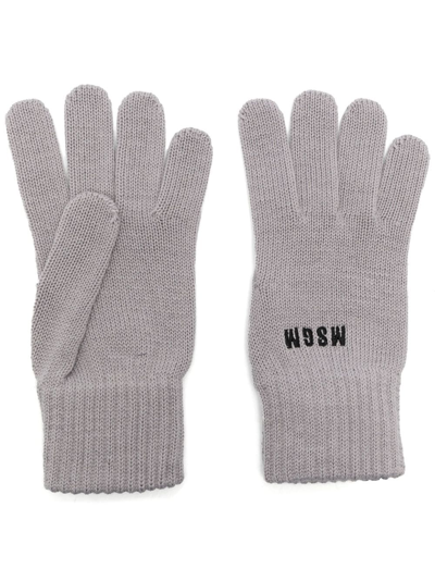 Shop Msgm Logo-embroidered Knitted Gloves In Grey