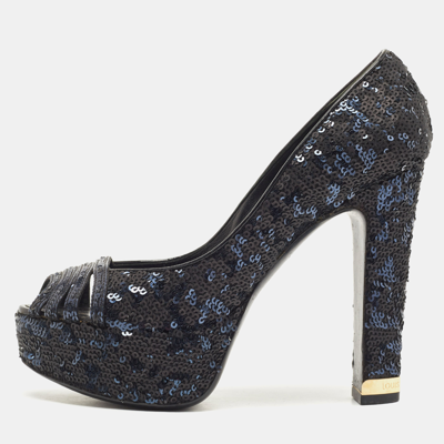 Pre-owned Louis Vuitton Navy Blue/black Sequins Peep Toe Platform Pumps Size 37