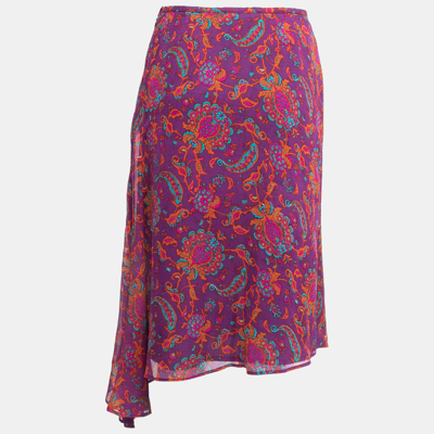 Pre-owned Isabel Marant Purple Printed Silk Chiffon Ruffle Detail Midi Skirt M