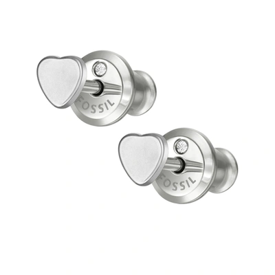 Shop Fossil Women's Hearts Stainless Steel Stud Earrings In Silver