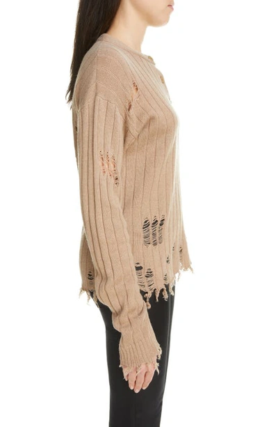 Shop Acne Studios Kenjen Distressed Rib Henley Sweater In Camel Brown