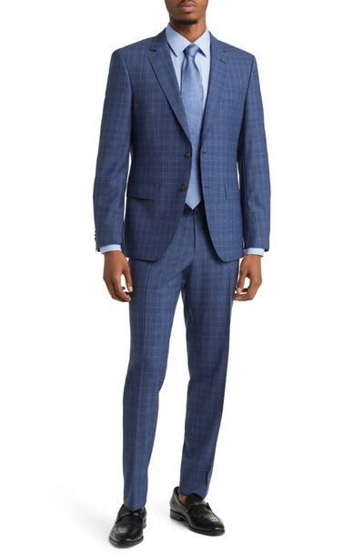 Shop Hugo Boss Plaid Huge Virgin Wool Suit In Blue