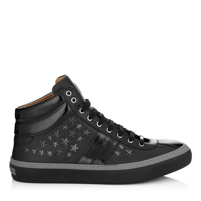 Shop Jimmy Choo Belgravia Black Nappa Sneakers With Gunmetal Stars In Black/gunmetal