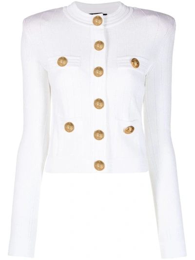 Shop Balmain Gold Embossed Buttons Knit Cardigan In White