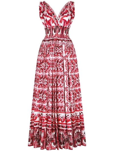Shop Dolce & Gabbana Cruise Majolica Print Cotton Long Dress In Fuchsia