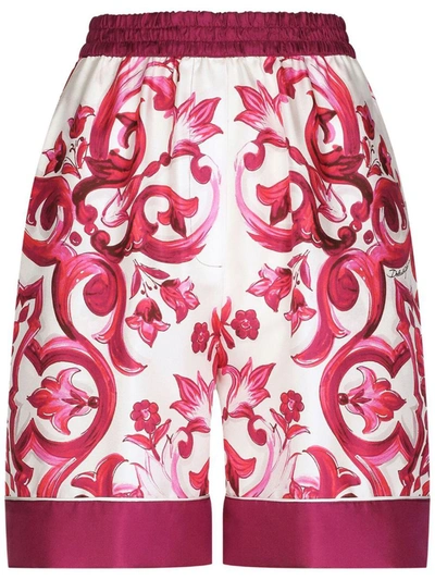 Shop Dolce & Gabbana Cruise Majolica Print Silk Shorts In Fuchsia