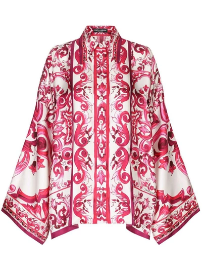 Shop Dolce & Gabbana Dolce&gabbana Cruise Majolica Print Silk Shirt In Fuchsia