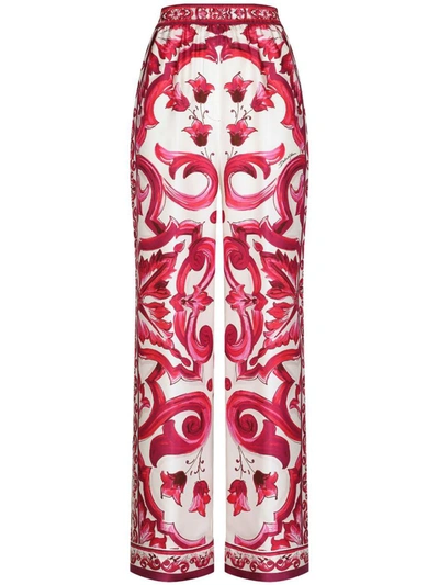 Shop Dolce & Gabbana Cruise Majolica Print Wide Leg Silk Trousers In Fuchsia