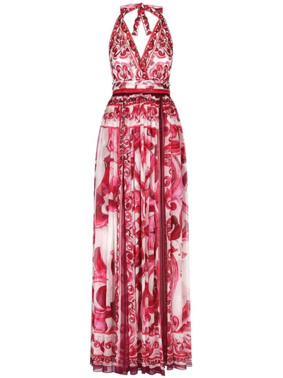 Shop Dolce & Gabbana Cruise Majolica Print Silk Long Dress In Fuchsia