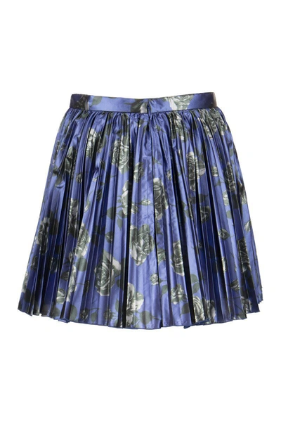 Shop Red Valentino Pleated Skirt In Rose Print Lamé Canvas In Blue