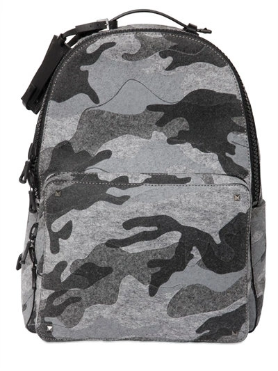 Shop Valentino Camouflage Printed Cotton Felt Backpack In Grey