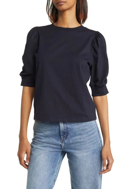 Shop Frame Frankie Puff Sleeve Organic Cotton Knit Top In Navy