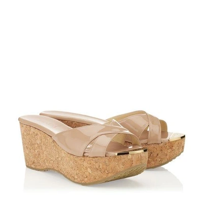 Shop Jimmy Choo Prima Nude Patent Leather Wedge Sandals