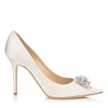 JIMMY CHOO ABEL Ivory Satin Pointy Toe Pumps with Crystal Detail