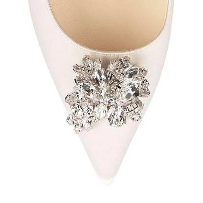 Shop Jimmy Choo Abel Ivory Satin Pointy Toe Pumps With Crystal Detail