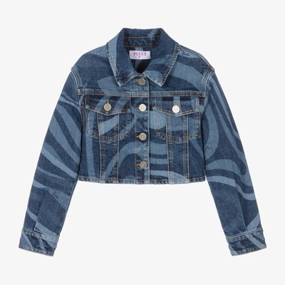 Shop Pucci Girls Blue Marmo Cotton Denim Jacket