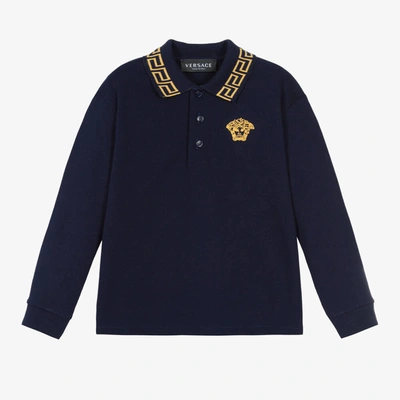 Shop Versace Boys Navy Blue & Gold Cotton Polo Shirt