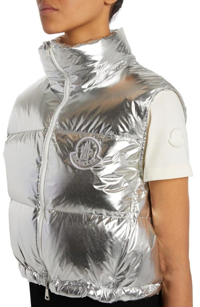 Shop Moncler Blavet Metallic Crop Down Vest In Silver